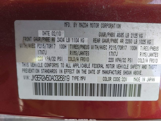 Aukcja sprzedaży 2010 Mazda Cx-7 I Sv, vin: JM3ER2W50A0326819, numer aukcji: 44506678