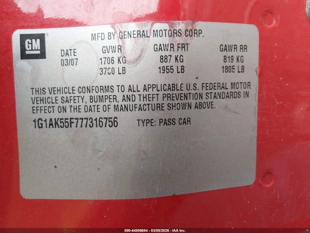 44506684 :رقم المزاد ، 1G1AK55F777316756 vin ، 2007 Chevrolet Cobalt Ls مزاد بيع