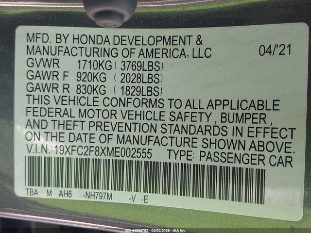 2021 HONDA CIVIC 19XFC2F8XME002555 Photo 8