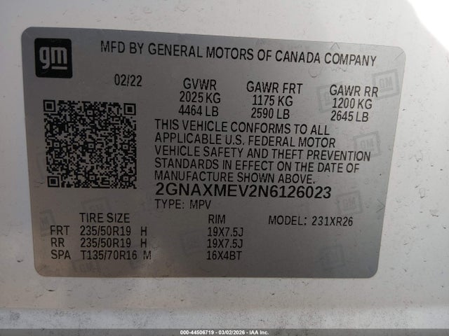 2GNAXMEV2N6126023 Chevrolet Equinox Fwd Rs