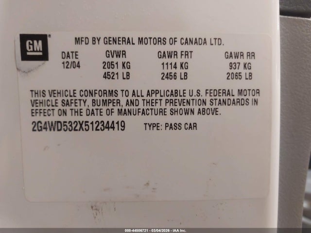 2005 Buick Lacrosse Cxl მანქანა იყიდება აუქციონზე, vin: 2G4WD532X51234419, აუქციონის ნომერი: 44506721