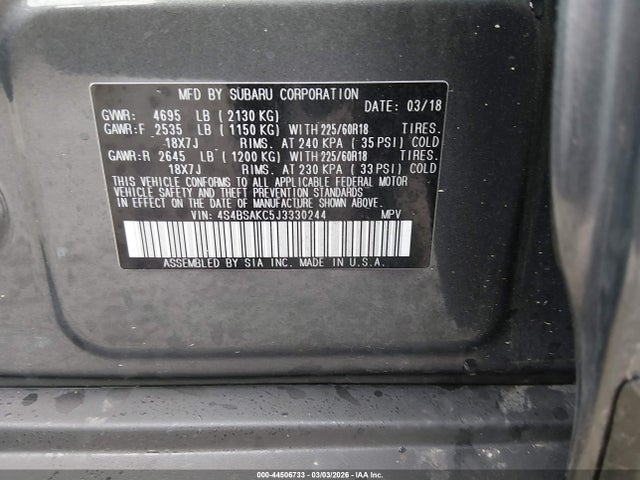 44506733 :رقم المزاد ، 4S4BSAKC5J3330244 vin ، 2018 Subaru Outback 2.5i Limited مزاد بيع