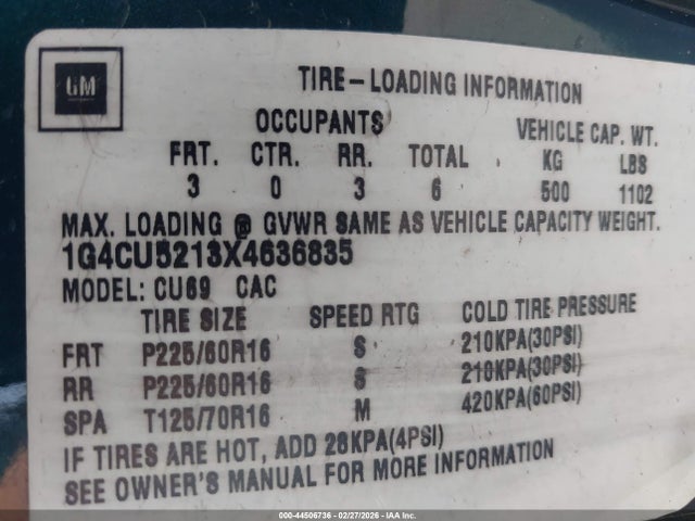 44506736 :رقم المزاد ، 1G4CU5213X4636835 vin ، 1999 Buick Park Avenue Ultra Cmi مزاد بيع