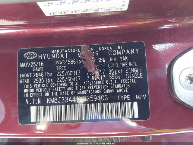 Продажа на аукционе авто 2017 Hyundai Tucson Se, vin: KM8J33A41HU259403, номер лота: 44506737