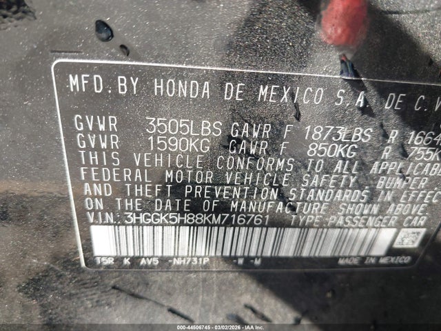 3HGGK5H88KM716761 Honda FIT EX
