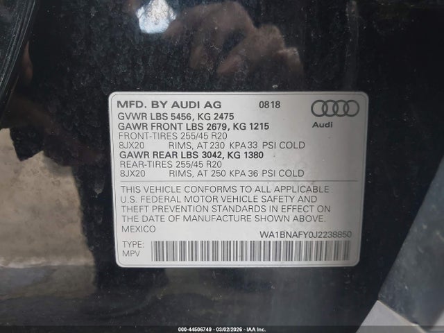 Продаж на аукціоні авто 2018 Audi Q5 2.0t Premium/2.0t Tech Premium, vin: WA1BNAFY0J2238850, номер лоту: 44506749