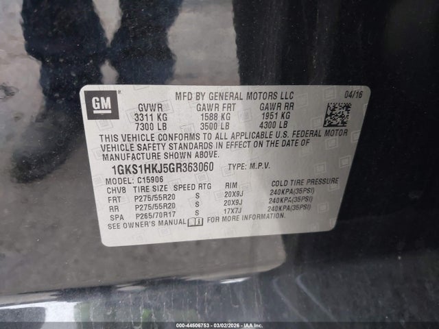 44506753 :رقم المزاد ، 1GKS1HKJ5GR363060 vin ، 2016 Gmc Yukon Xl Denali مزاد بيع