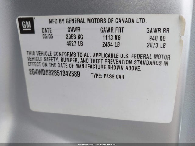 44506758 :رقم المزاد ، 2G4WD532851342389 vin ، 2005 Buick Lacrosse Cxl مزاد بيع