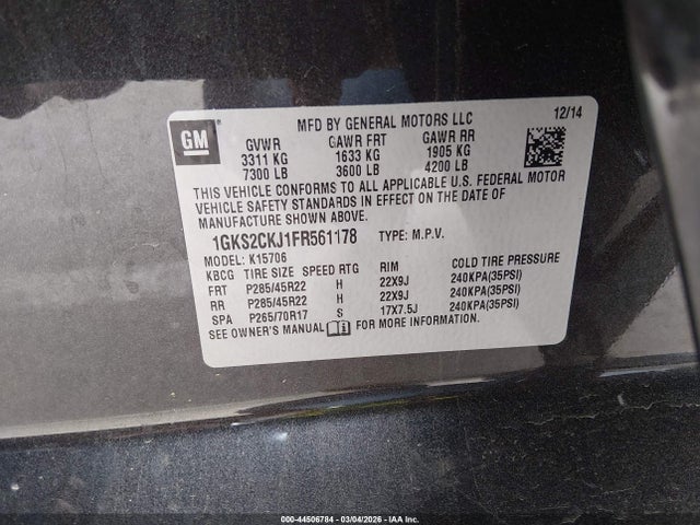 2015 Gmc Yukon Denali მანქანა იყიდება აუქციონზე, vin: 1GKS2CKJ1FR561178, აუქციონის ნომერი: 44506784