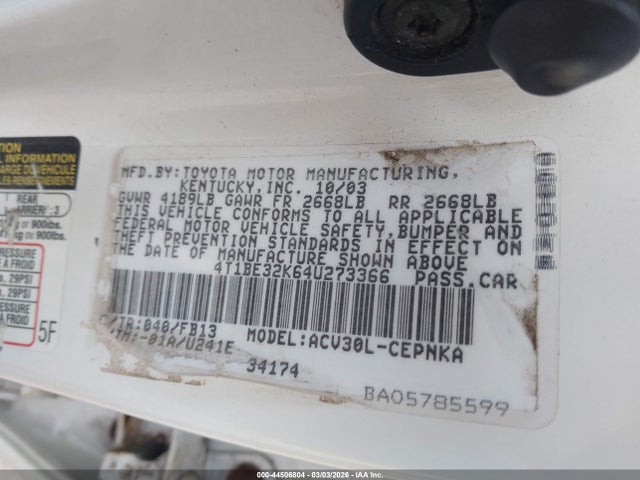 44506804 :رقم المزاد ، 4T1BE32K64U273366 vin ، 2004 Toyota Camry Le مزاد بيع