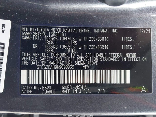 2022 TOYOTA HIGHLANDER 5TDGZRAH8NS098969 Photo 8