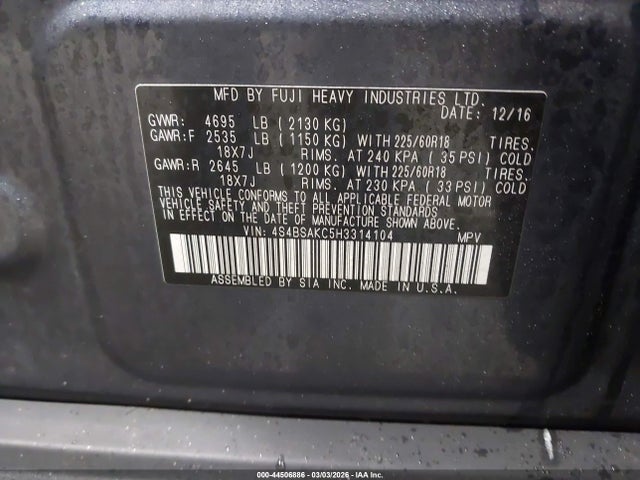2017 SUBARU OUTBACK 4S4BSAKC5H3314104 Photo 8