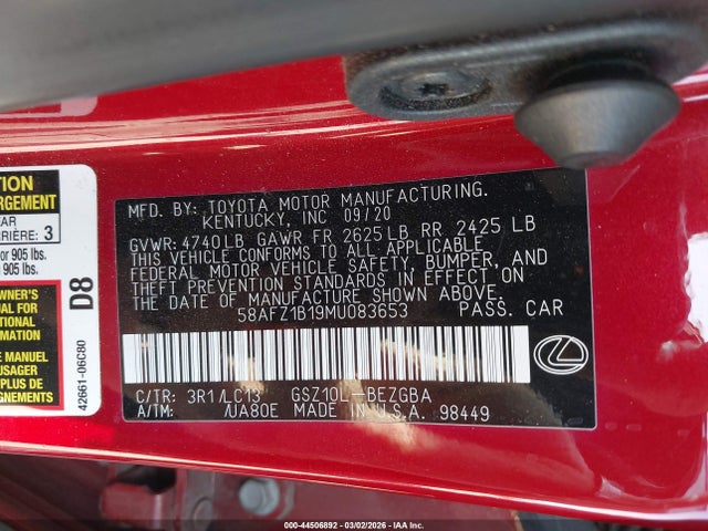 2021 LEXUS ES 350 58AFZ1B19MU083653 Photo 8