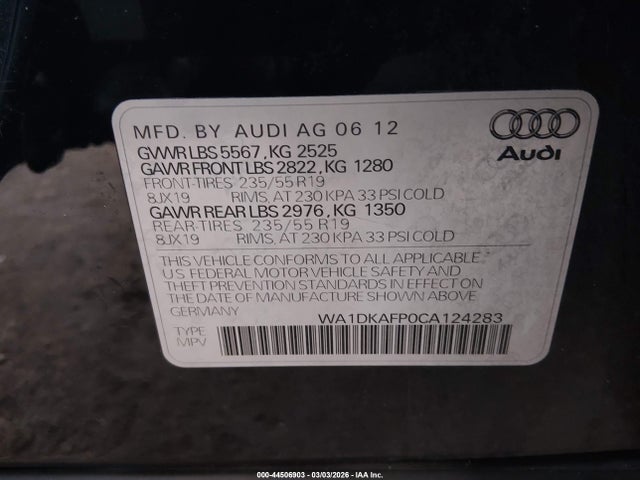 Продажа на аукционе авто 2012 Audi Q5 3.2 Premium Plus, vin: WA1DKAFP0CA124283, номер лота: 44506903
