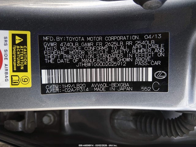 Aukcja sprzedaży 2013 Lexus Es 300h, vin: JTHBW1GG0D2025912, numer aukcji: 44506914