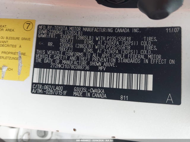 44506922 :رقم المزاد ، 2T2HK31U78C088736 vin ، 2008 Lexus Rx 350 مزاد بيع