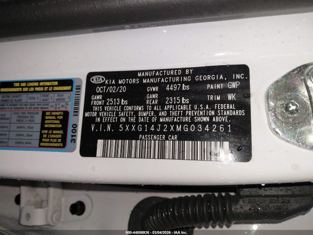 Aukcja sprzedaży 2021 Kia K5 Lxs, vin: 5XXG14J2XMG034261, numer aukcji: 44506926
