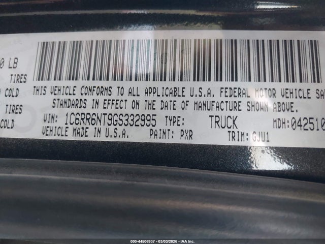 44506937 :رقم المزاد ، 1C6RR6NT9GS332995 vin ، 2016 Ram 1500 Laramie مزاد بيع