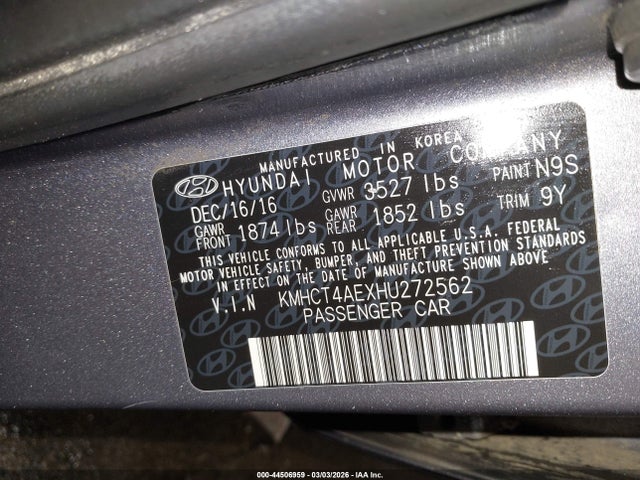KMHCT4AEXHU272562 Hyundai ACCENT SE