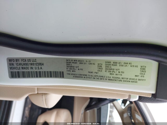 44507019 :رقم المزاد ، 1C4RJKBG1M8123954 vin ، 2021 Jeep Grand Cherokee L Limited 4x4 مزاد بيع