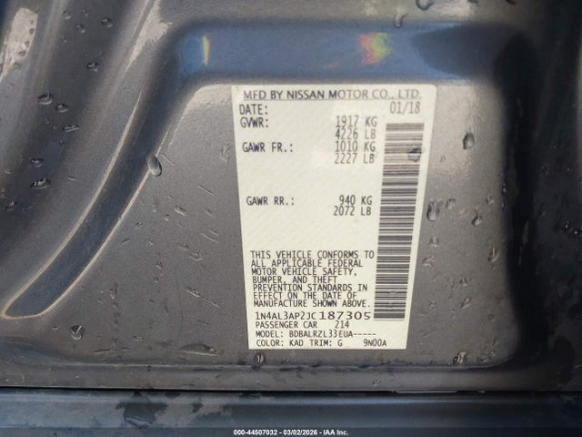 2018 Nissan Altima 2.5 Sl მანქანა იყიდება აუქციონზე, vin: 1N4AL3AP2JC187305, აუქციონის ნომერი: 44507032