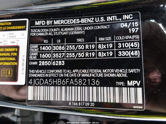 44507038 :رقم المزاد ، 4JGDA5HB6FA582136 vin ، 2015 Mercedes-benz Ml 350 4matic مزاد بيع