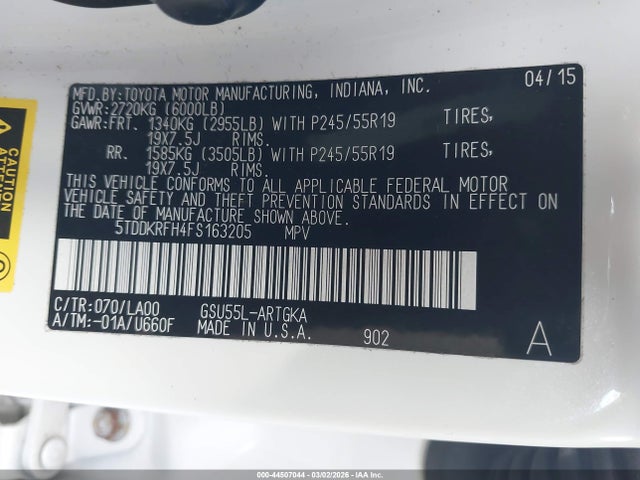 5TDDKRFH4FS163205 Toyota Highlander Limited Platinum V6