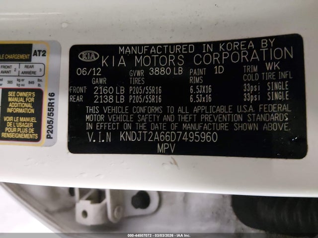 44507072 :رقم المزاد ، KNDJT2A66D7495960 vin ، 2013 Kia Soul + مزاد بيع