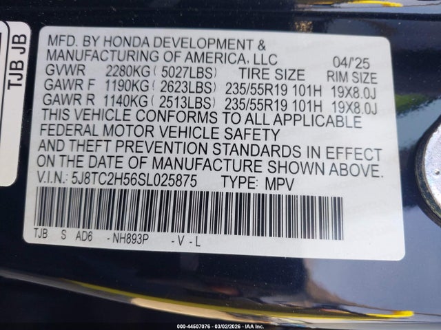 2025 Acura Rdx Technology Package მანქანა იყიდება აუქციონზე, vin: 5J8TC2H56SL025875, აუქციონის ნომერი: 44507076