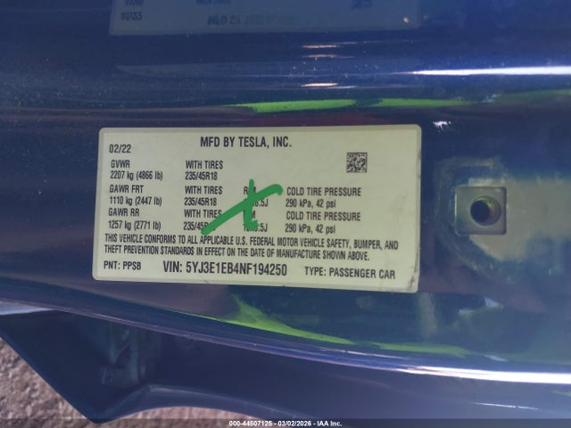 2022 TESLA MODEL 3 5YJ3E1EB4NF194250 Photo 8