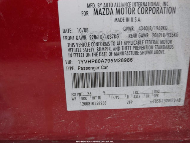 44507128 :رقم المزاد ، 1YVHP80A795M28986 vin ، 2009 Mazda Mazda6 I Sv مزاد بيع
