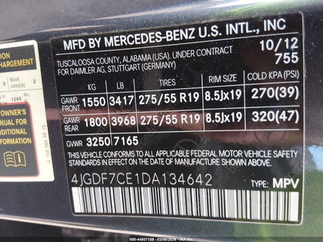44507159 :رقم المزاد ، 4JGDF7CE1DA134642 vin ، 2013 Mercedes-benz Gl 450 4matic مزاد بيع