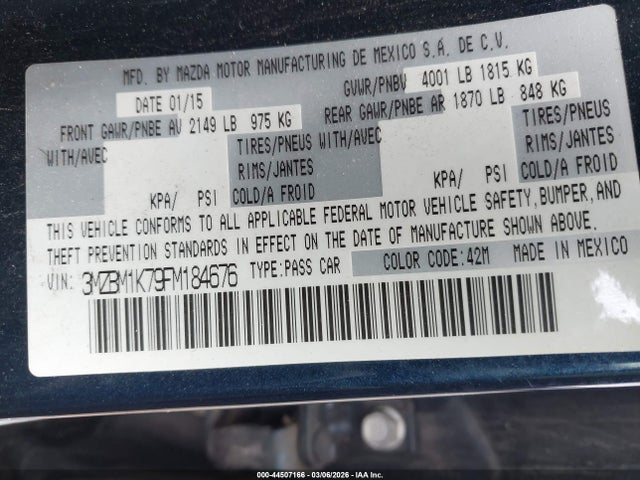 Продаж на аукціоні авто 2015 Mazda Mazda3 I Sport, vin: 3MZBM1K79FM184676, номер лоту: 44507166