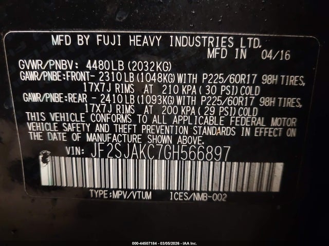 Продаж на аукціоні авто 2016 Subaru Forester 2.5i Limited, vin: JF2SJAKC7GH566897, номер лоту: 44507184