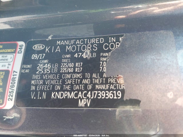 44507187 :رقم المزاد ، KNDPMCAC4J7393619 vin ، 2018 Kia Sportage Lx مزاد بيع