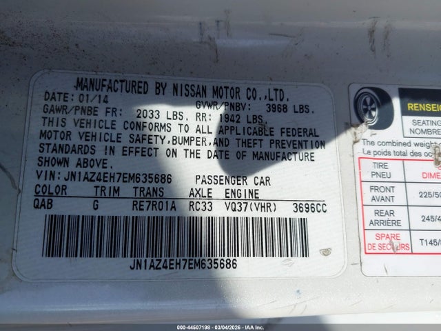 44507198 :رقم المزاد ، JN1AZ4EH7EM635686 vin ، 2014 Nissan 370z مزاد بيع