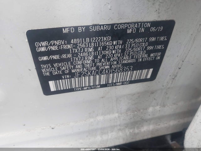 2019 Subaru Forester მანქანა იყიდება აუქციონზე, vin: JF2SKACC4KH568353, აუქციონის ნომერი: 44507207