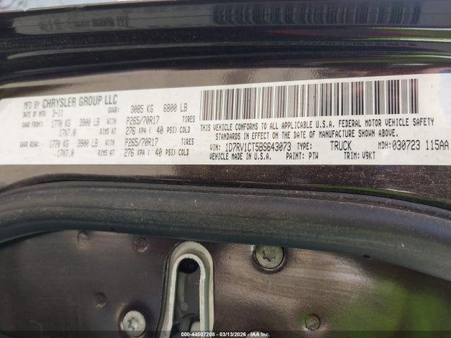44507208 :رقم المزاد ، 1D7RV1CT5BS643073 vin ، 2011 Ram Ram 1500 Slt مزاد بيع