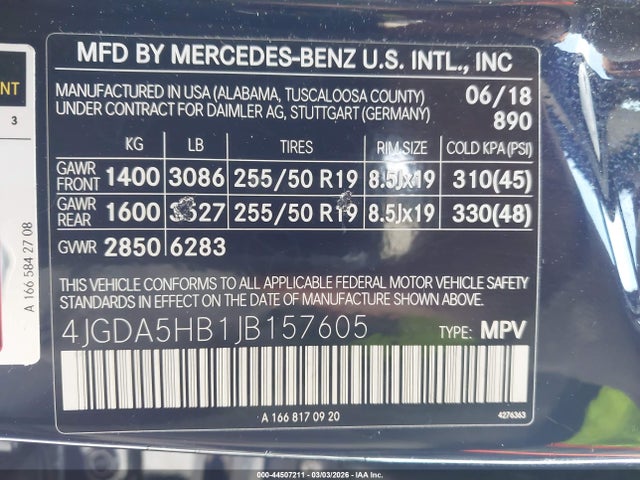 44507211 :رقم المزاد ، 4JGDA5HB1JB157605 vin ، 2018 Mercedes-benz Gle 350 4matic مزاد بيع