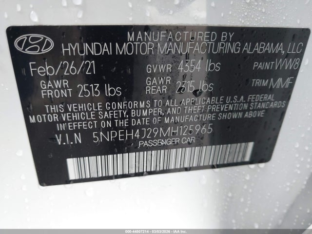 2021 Hyundai Sonata Limited მანქანა იყიდება აუქციონზე, vin: 5NPEH4J29MH125965, აუქციონის ნომერი: 44507214