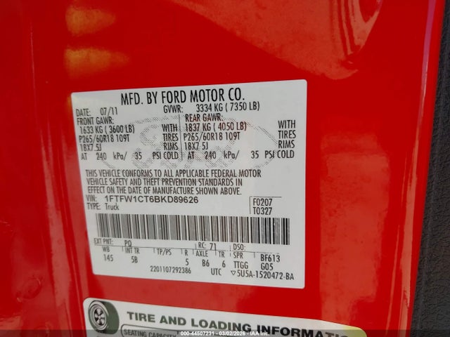 Продажа на аукционе авто 2011 Ford F-150 Fx2, vin: 1FTFW1CT6BKD89626, номер лота: 44507231