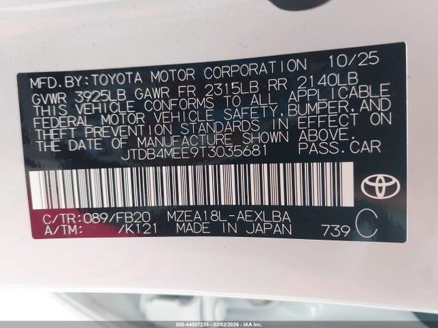 Aukcja sprzedaży 2026 Toyota Corolla Le, vin: JTDB4MEE9T3035681, numer aukcji: 44507235