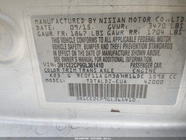Nissan Versa Note S (sr)/s Plus/sl/sr/sv 2016 3N1CE2CP9GL361410 Image 9