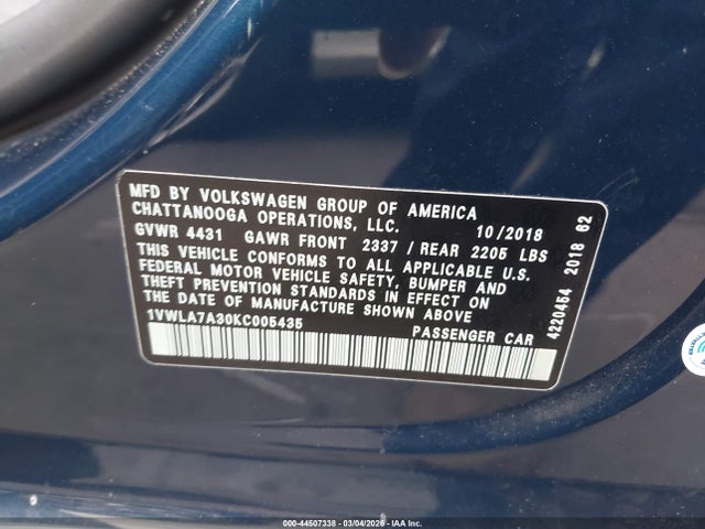 1VWLA7A30KC005435 Volkswagen Passat 2.0t Wolfsburg Edition