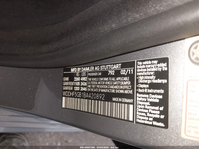 2011 Mercedes-benz E 350 მანქანა იყიდება აუქციონზე, vin: WDDHF5GB1BA420892, აუქციონის ნომერი: 44507360