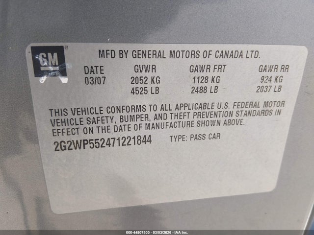 Продажа на аукционе авто 2007 Pontiac Grand Prix, vin: 2G2WP552471221844, номер лота: 44507500