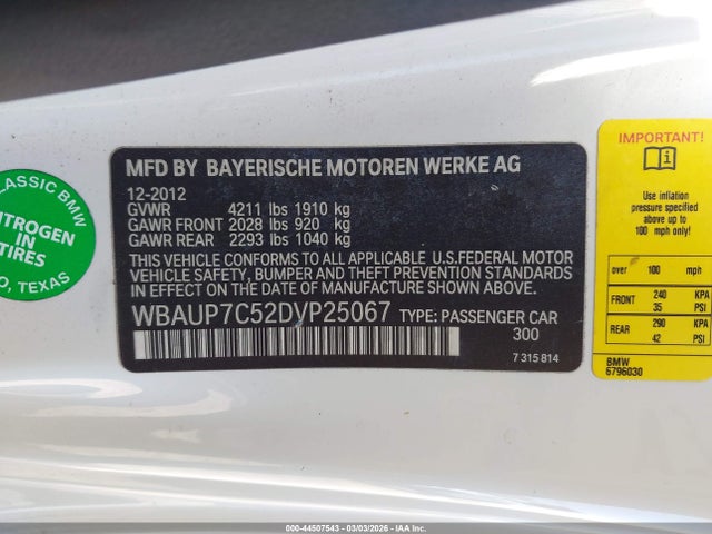Продаж на аукціоні авто 2013 Bmw 128i, vin: WBAUP7C52DVP25067, номер лоту: 44507543
