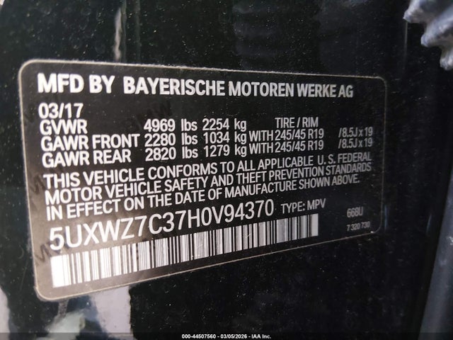 2017 Bmw X3 Sdrive28i მანქანა იყიდება აუქციონზე, vin: 5UXWZ7C37H0V94370, აუქციონის ნომერი: 44507560