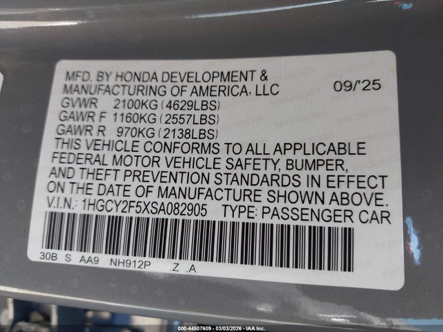44507609 :رقم المزاد ، 1HGCY2F5XSA082905 vin ، 2025 Honda Accord Hybrid Sport مزاد بيع