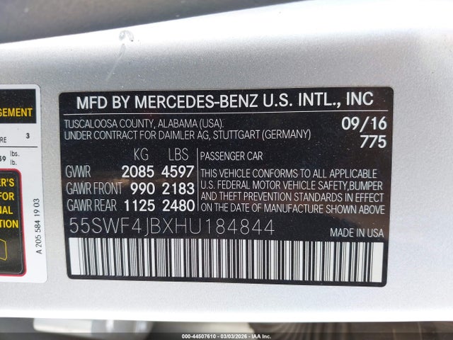 44507610 :رقم المزاد ، 55SWF4JBXHU184844 vin ، 2017 Mercedes-benz C 300 مزاد بيع
